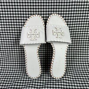 Tory Burch Calf Leather Everly Slide Sandals Optic White Logo Woven Size 7